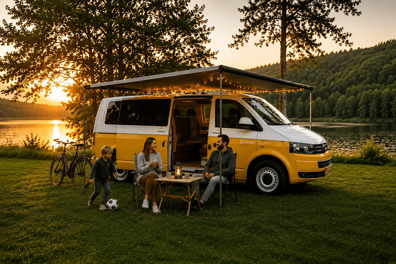 Viggo campervan bij een meer tijdens zonsondergang